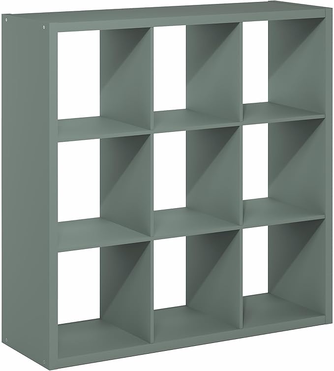 Furinno Cubicle Book Shelf, 9-Cube Thick Frame Bookshelf, Reversible Bookcase with Open Back, 14.6" x 43.8" x 43.8", for Living Room, Bedroom, Home Office, Sage Green