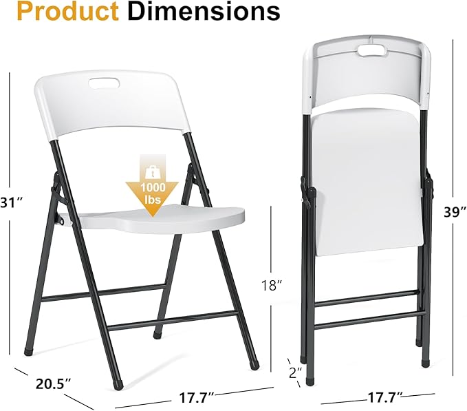 8 Pack Folding Chairs, 700lbs Capacity Heavy Duty Folding Chair with Reinfoced Steel Frame for Indoor/Outdoor Use, White Plastic Foldable Chairs for Party, Patio, Meeting, Wedding and School