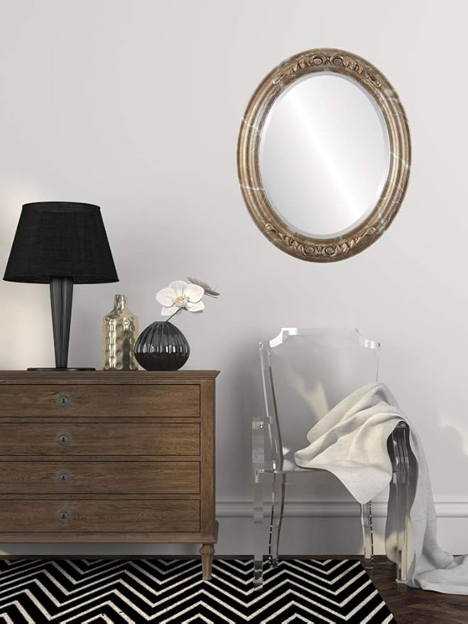 OVALCREST Oval Beveled Wall Mirror for Home Decor - Florence Style - Champagne Silver - 28" x 22"