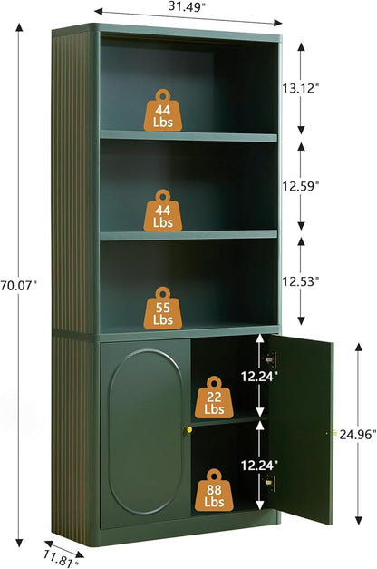 70.8" Tall Fluted Bookshelf with Storage Cabinet Set of 2, Modern 5-Tier Wood Bookcase with Open Display Storage Shelf, Gold Handles for Office Living Room (Green)