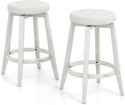 COSTWAY 360° Swivel Bar Stools Set of 2, 26-inch Height Vintage Upholstered Rubberwood Backless Bar Chairs with Footrest, Retro Kitchen Counter Stools for Kitchen Island Dining Room Home Bar, White