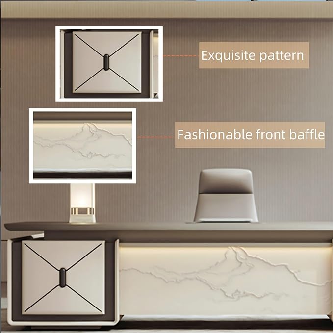 86IN L-Shaped Executive Desk with Drawer Cabinet, Executive Office Desk with LED Strip & Exquisite Handle & Fashionable Pattern Design