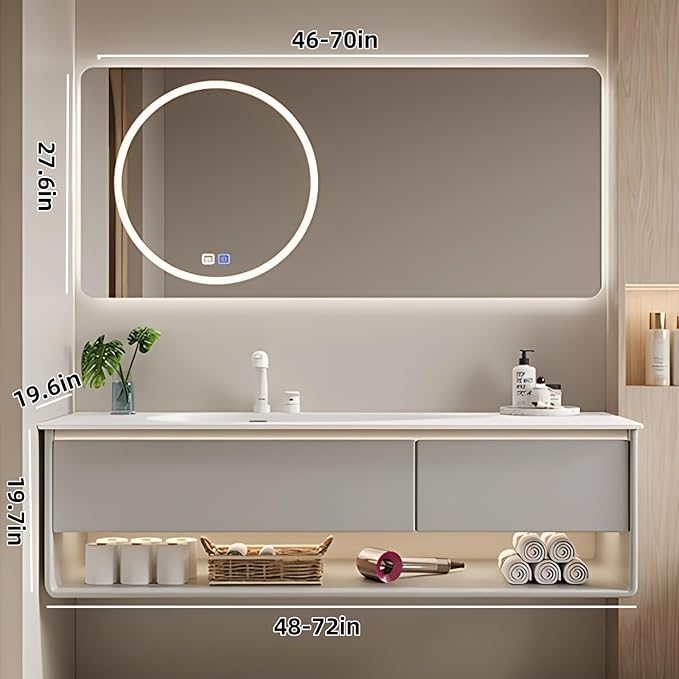 68IN Grey Bathroom Vanity Set - Floating Bathroom Vanity with Single Sink | Including LED Smart Defogging Mirror Cabinet & Time Display Function, Equipped with Motion Sensing Light Strip (Style B)