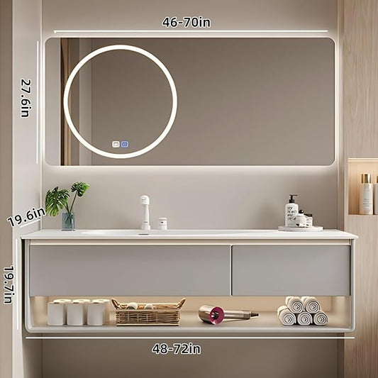 56IN Grey Bathroom Vanity Set - Floating Bathroom Vanity with Single Sink | Including LED Smart Defogging Mirror Cabinet & Time Display Function, Equipped with Motion Sensing Light Strip (Style B)