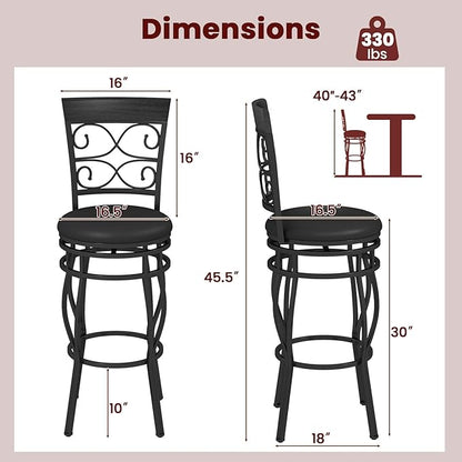 Giantex 30" Swivel Bar Stools Set of 4, Bar Height Bar Stools with Back, Upholstered PU Leather Seat, Footrest, Max Load 330Lbs, Vintage Metal Barstools for Kitchen Island, Dining Room, Pub, Black
