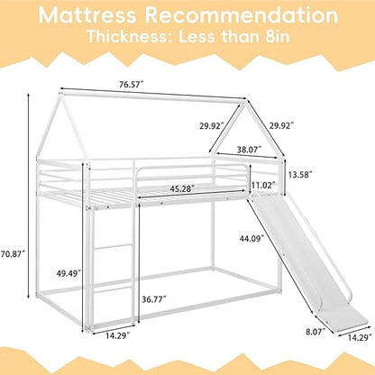 Bunk Bed with Slide for Kids,Bunk Bed Twin Over Twin, Metal Junior House Low Bunk Bed, Toddler Floor Bunk Beds Frame with Guardrail for Kids, Convertible Slide and Ladder Noise Free(New White)