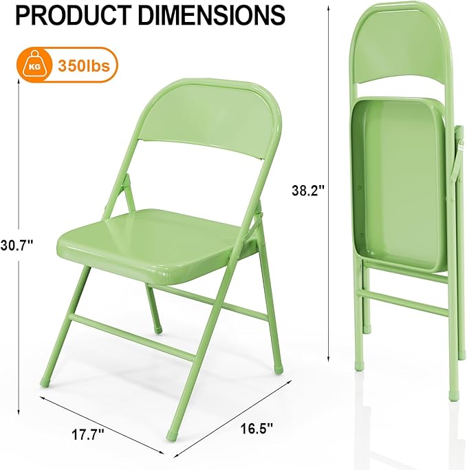 VINGLI Folding Chairs All Steel Metal Frame, Capacity 350 lbs, Durable Portable and Versatile for Indoor Outdoor Use, Green, Set of 4