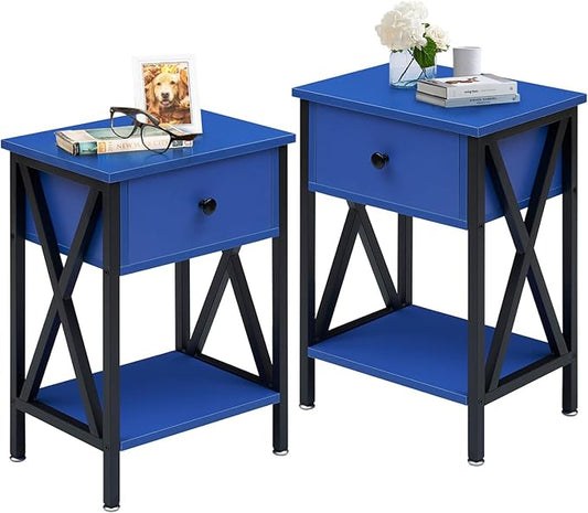 VECELO End Tables, Modern Nightstand with Drawer & Shelf, Night Stand for Bedroom Living Room,Industrial Metal Frame