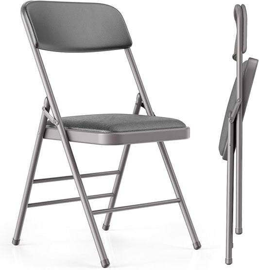 Commercial Grade Folding Chair with Padded Fabric Cushion（16"X16" |Double-hinged Legs Luxury Style|4.5kg Capacity Max Weight 150Kg for Home and Office,Indoor and Outdoor Events (2, PU-Gray)