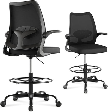 Drafting Chair,Tall Office Chair with Adjustable Footrest Ring,Lumbar Support,Ergonomic High Desk Seat,Flip-Up Armrests,Breathable Mesh Standing Stool for Home Office,Black