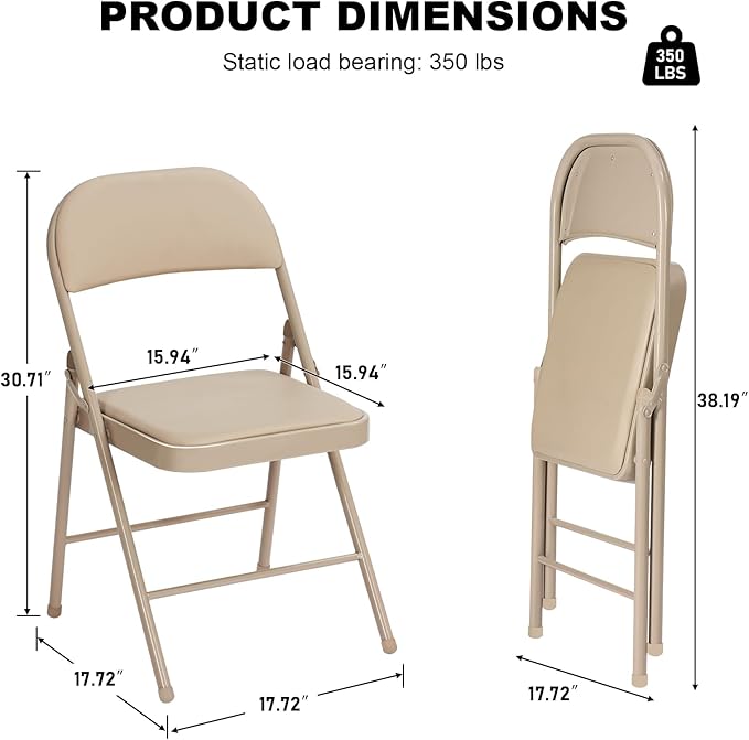 18 Pack Khaki Folding Chairs with Padded Cushion for Outside, Portable Stackable Commercial Metal Foldable Chairs with Steel Frame for Home Events Office Wedding Party, 350lbs Capacity