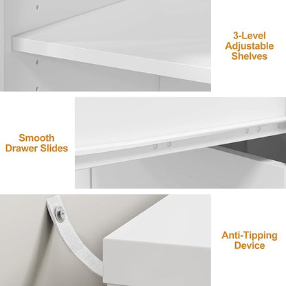RoyalCraft L Shaped Home Office Desk, Extendable and Rotatable Desk with 3 Drawers and Door, Corner Computer Desk, Modern Study Writing Table for Bedroom, Home Office, White