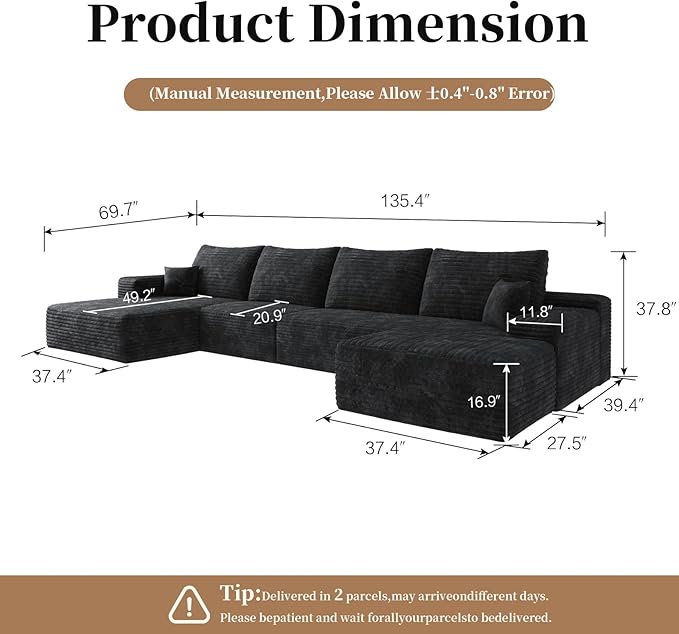 135.4" Large Cloud Modular Sectional Couch with Ottoman, Minimalist Upholstered Couches, Comfort U Shaped Sofa for Living Room,Deep Seat Corner Couch，No Assembly Required (Black,Left Facing Chaise)