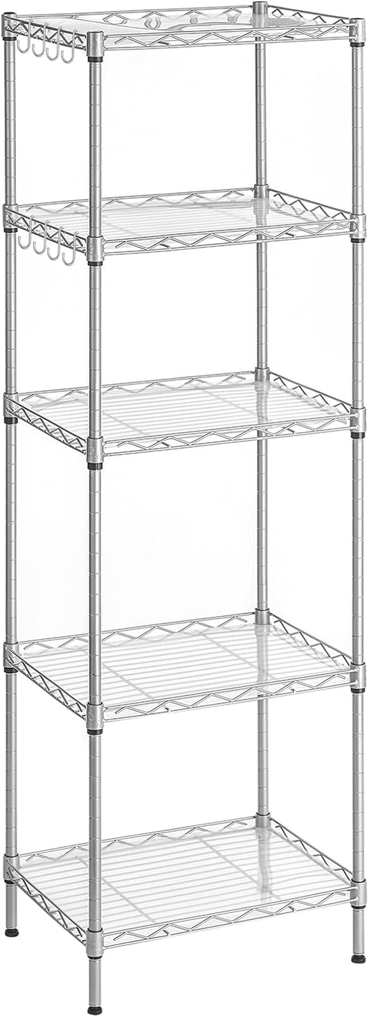 SONGMICS 5-Tier Storage Shelves, Wire Shelving Unit, Kitchen Metal Shelves, Storage Rack with Adjustable Shelves, Shelf Liners, 8 Hooks, for Garage, 11.8 x 15.7 x 47.6 Inches, Silver ULGR115E01