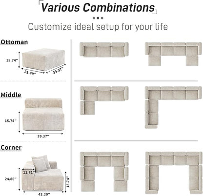 WJShome Cloud Couch Modular Sectional Sofa,181.1inch U Shape Couch,Oversized Corduroy Couches with Ottoman and 6 Pillows,Cushion Covers Removable& Washable,Beige
