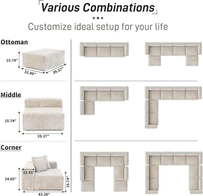 WJShome Oversized Modular Sectional Sofa with Ottomans,6 Seater Corduroy V Shaped Reversible Corner Couch,141.73" Convertible Sofa & Couch Free Combination for Living Rooom,Beige