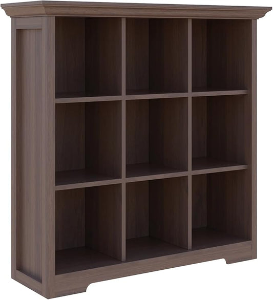 Cube Shelf Bookcase with Base - Wooden 3 Tiers Floor Standing Low Storage Cabinet for Home and Office, 9-Cube Lattice Bookshelf, Walnut