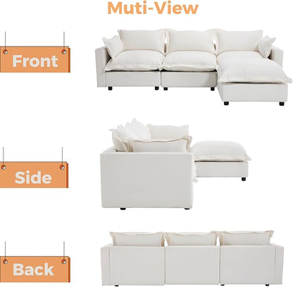 chairus 97" Modular Sectional Sofa with Moveable Ottoman Upholstered Deep Seat Linen Couch Set with Soft Pillows L Shaped Sofa Couch for Living Room, Apartment, Reception Room, 3-Seater/White
