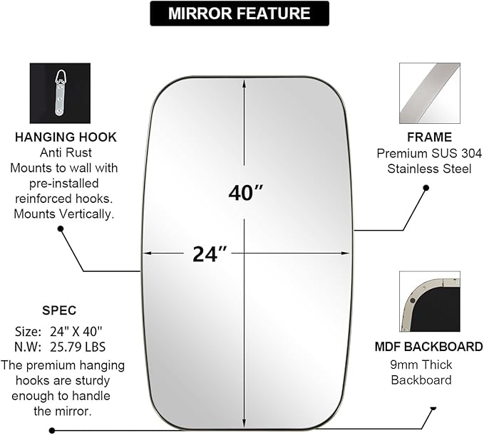 ANDY STAR Brushed Nickel Bathroom Mirror, 24x40” Oblong Mirror with Stainless Steel Metal Frame, Silver Oval Vanity Mirror for Over Sink, Modern Anti Rust Wall Mounted