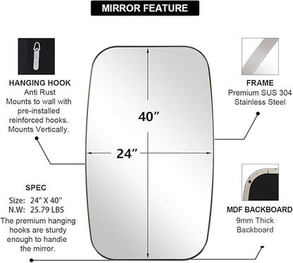 ANDY STAR Brushed Nickel Bathroom Mirror, 24x40” Oblong Mirror with Stainless Steel Metal Frame, Silver Oval Vanity Mirror for Over Sink, Modern Anti Rust Wall Mounted