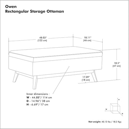 SIMPLIHOME Owen 48 inch Wide Mid Century Modern Rectangle Rectangular Storage Ottoman in Tanners Brown Vegan Faux Leather, Assembled, for the Living Room, Entryway and Family Room