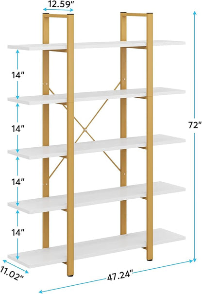 Tribesigns 5-Tier Bookshelf, Vintage Industrial Style Bookcase 70 ‘’ H x 12’’ W x 47’’L, Gold