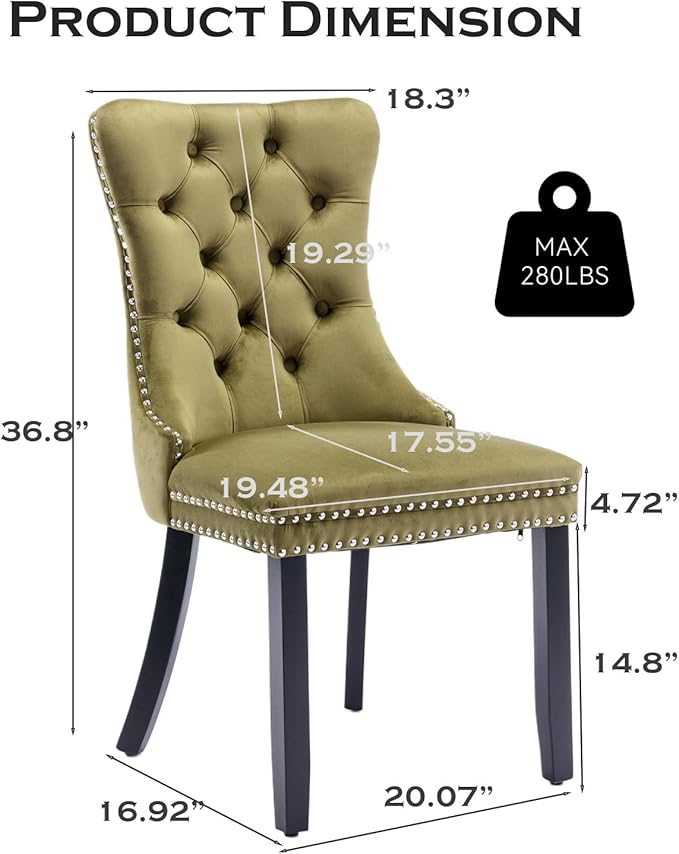 Velvet Upholstered Dining Chairs Set of 4, Modern Style Kitchen Side Chairs with Nailhead Trim and Wood Legs,Metal Pulling Ring for Dining Room Living Room(Olive Green,Set of 4)