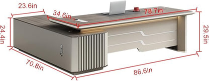 86IN Executive Office Desk - Large Office Desk L Shaped Computer Desk with 2 Drawers & Grille Design | Thickened Countertop & Large Capacity Side Cabinet Storage & Metal Cabinet Handle