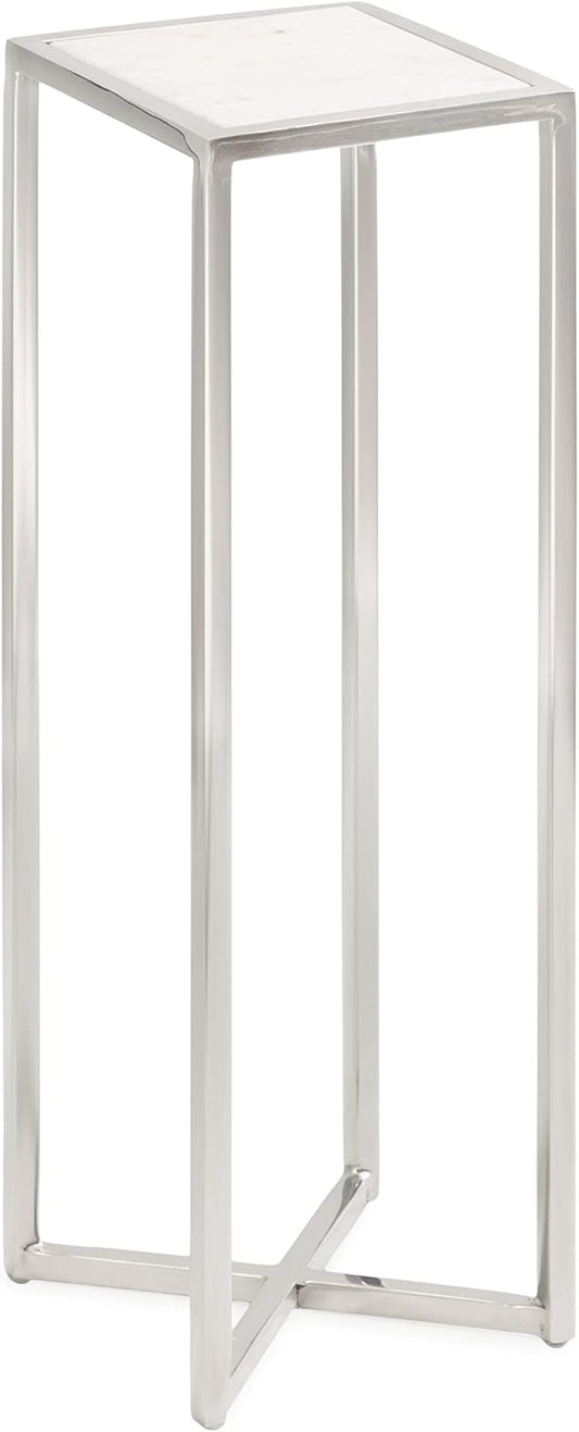 Kate and Laurel Jaspur Modern Glam Drink Table, 7 x 7 x 21, White and Silver, Decorative Metal and Marble Accent Martini Cocktail Table for Display and Storage