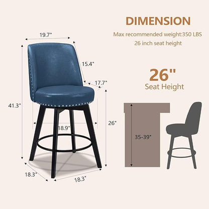 MINCETA Bar Stool, PU Leather Barstool, 26 Inch Upholstered Counter Stool with High Back and Footrest, Swivel Counter Height Barstool for Kitchen Island Home Bar Navy Blue