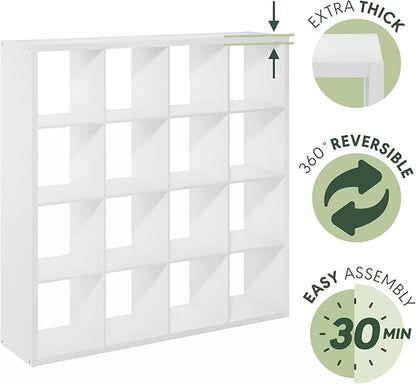 Furinno Cubicle Book Shelf, 16-Cube Thick Frame Bookshelf, Reversible Bookcase with Open Back, 14.6 x 57.8 x 58, for Living Room, Bedroom, Home Office, White