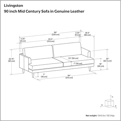 SIMPLIHOME Livingston 90-inch Wide Sofa in Caramel Brown Top Grain Genuine Leather, Handcrafted Mid-Century Modern Couch for Living Room, Large 3-Seater with Feather-Wrapped Cushions