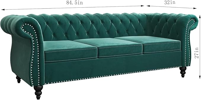 Chesterfield 3 Seater Sofa, Modern Velvet Tufted Couch 3 Seater with Rolled Arms and Nailhead Mid-Century Upholstered Couch for Living Room, Bedroom, Apartment and Office, Green