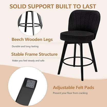 MINCETA Bar Stools Set of 4, 26 Inch Upholstered Barstools with Backrest and Footrest, Swivel Counter Height Barstools for Kitchen Island Home Bar Black