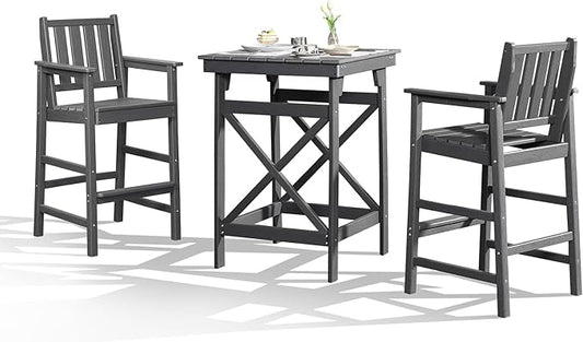 3-Piece Adirondack Chairs and Table Set, HDPE Patio Bar Sets, All Weather Outdoor Bar Stools Set, HDPE Adirondack Bar Height Chairs and Bar Table for Balcony, Pool, Porch, Smoke Gray