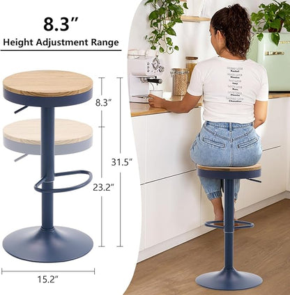 Kidol & Shellder Bar Stools Set of 6 Round Adjustable Swivel Barstools Modern Backless Bar Chairs Wooden Seat Counter Height Stools Armless for Kitchen Island, Cafe, Dining Room Blue