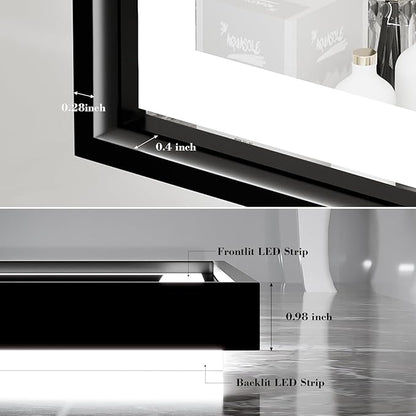 LED Bathroom Mirror, 20x28 Inch Frontlit & Backlit Black Framed Lighted Mirror,Wall Mouted Vanity with Lights,Double Lights Strips,Anti Fog Stepless 3 Colors Temperature & Dimmable