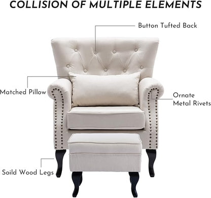 Accent Reading Arm Chairs with Ottoman for Living Room Bedroom, Midcentury Modern Comfy Corner Sofa Chair, Wingback Waiting Room Club Chair with Button Tufted Back &Lumbar Pillow, Linen Beige