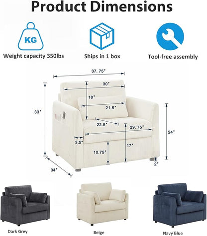 Living Room Sofa Set, Corduroy 3-Seat Couch with Set of 2 Accent Side Chairs, Soft Pillows and Side Pockets, Modern Living Room Furniture Sets for Apartment, Small Spaces, Grey