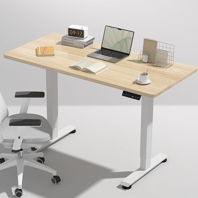 Veken 47.2 Inch Electric Standing Desk, Height Adjustable Sit Stand Up, Wood Desktop, Work Home Office Computer PC Desks, Gaming Writing Study Bedroom Rising Table, Nature