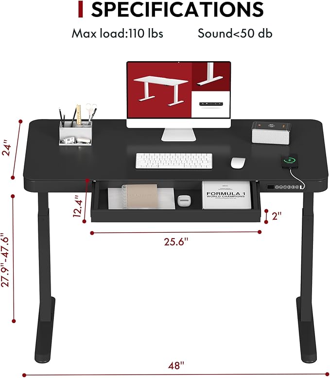 Standing Desk with Drawer, Electric Height Adjustable Home Office Desk with Storage & USB Ports, 48 inch Black Wood Tabletop/White Frame