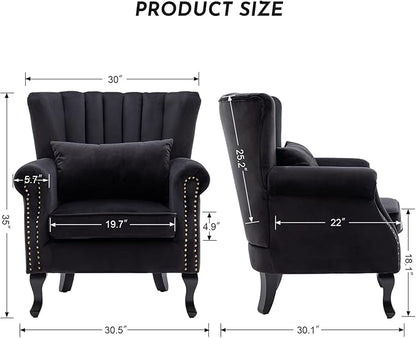 Accent Reading Arm Chairs Midcentury Modern Comfy Corner Sofa Chair, Wingback Waiting Room Club Chair with Tufted Back for Living Room/Bedroom/Reception Room, Velvet Black
