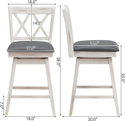 COSTWAY Bar Stool Set of 2, 360° Swivel Counter Height 25inch Bar Stool with Foot Rest Upholstered Cushion & Ergonomic Backrest, Sturdy Frame, for Pub, Kitchen Islands (2, Antique White + Grey)