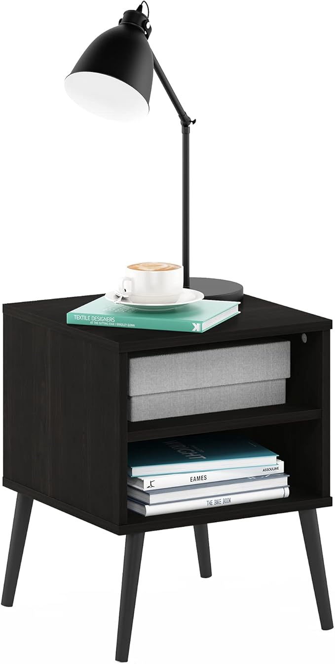 Furinno Claude Side Table, 2-Tier Square End Table with Wooden Legs, Open Shelf Night Stand, Bedside Table, for Living Room, Bedroom, Espresso
