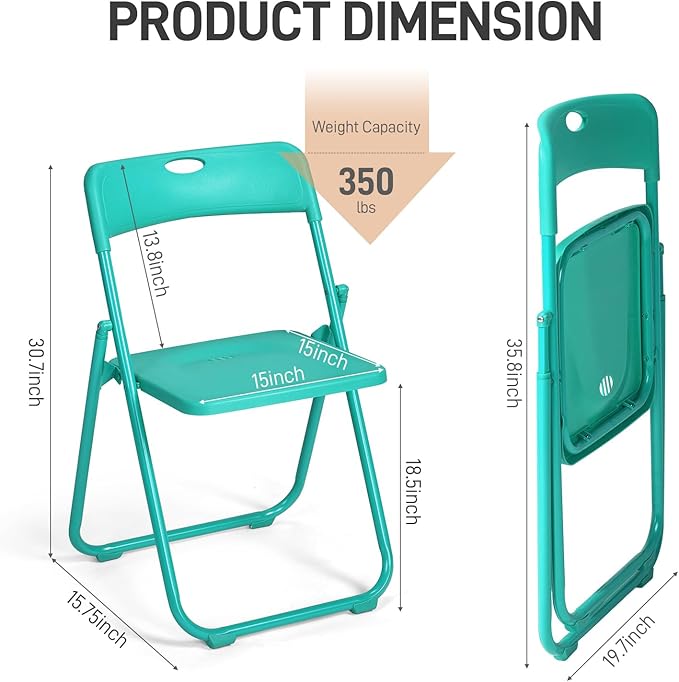 Karl home 6 Pcs Folding Chair, 300LBS Lightweight Foldable Plastic Chair, Reinforced Metal Frame Easy to Fold & Store for Indoor & Outdoor, Wedding, Party, Meeting Room, Patio and Garden, Mint Green