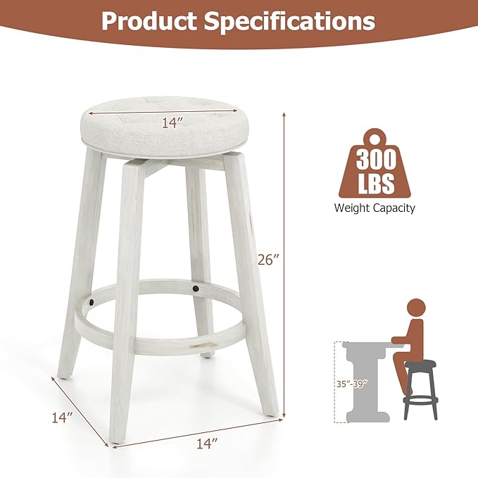 COSTWAY 360° Swivel Bar Stools Set of 4, 26-inch Height Vintage Upholstered Rubberwood Backless Bar Chairs with Footrest, Retro Kitchen Counter Stools for Kitchen Island Dining Room Home Bar, White