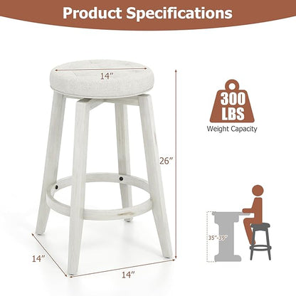 COSTWAY 360° Swivel Bar Stools Set of 2, 26-inch Height Vintage Upholstered Rubberwood Backless Bar Chairs with Footrest, Retro Kitchen Counter Stools for Kitchen Island Dining Room Home Bar, White