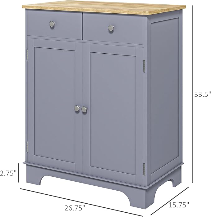 HOMCOM Sideboard with Solid Wood Countertop, Modern Kitchen Storage Cabinet, Coffee Bar Cabinet with 2 Drawers, Doors and Adjustable Shelf, Gray