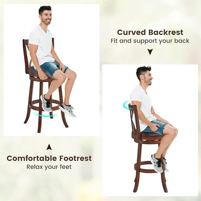 COSTWAY Bar Stools Set of 4, 360° Swivel Chairs with Rubber Wood Frame, 30-Inch PU Leather Cushioned Seat and Footrests, for Kitchen Island, Dining Room, Bar (Brown-30 inches, 4 stools)