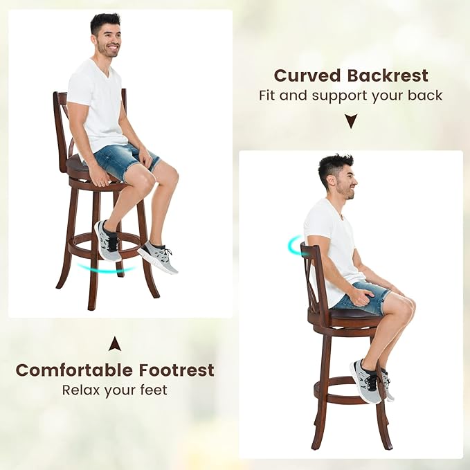 COSTWAY Bar Stools Set of 2, 360° Swivel Chairs with Rubber Wood Frame, 30-Inch PU Leather Cushioned Seat and Footrests, for Kitchen Island, Dining Room, Bar (Brown-30 inches, 2 stools)